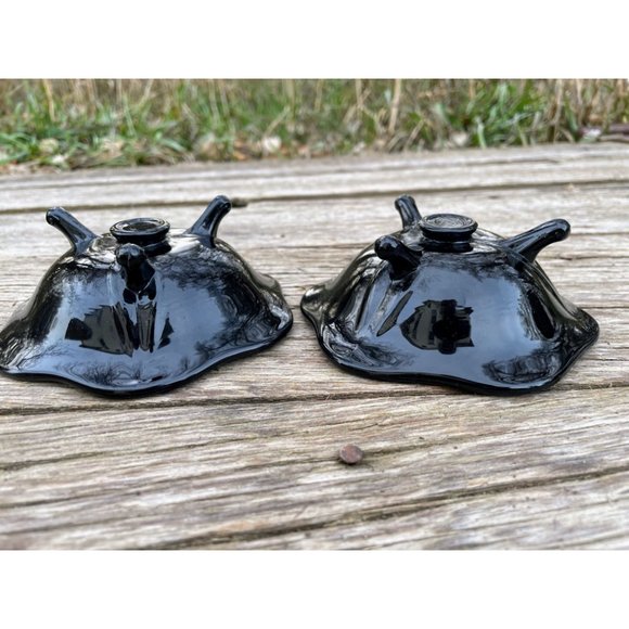 Vintage Pair Black Amethyst Glass 3 Footed Candlestick Holders - Picture 11 of 11